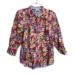 Tru Luxe Floral Button Blouse Shirt Womens Small Pink Yellow 3/4 Sleeve Top Chic